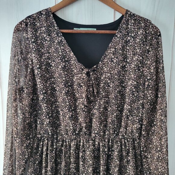 Maurices Floral Midi Dress, Sheer Long Sleeve, Black/Pale Pink Flowers, Boho - Picture 4 of 12